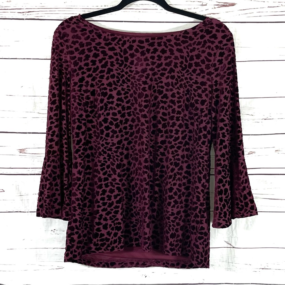 Talbots Womens Top Size M Burgundy Velvet Burnout Boat Neck Bell Sleeves